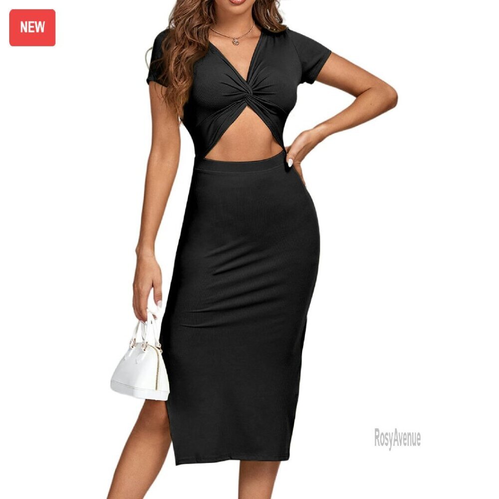 Twist Front Cut Out Split Hem V Neck Bodycon Midi Dress